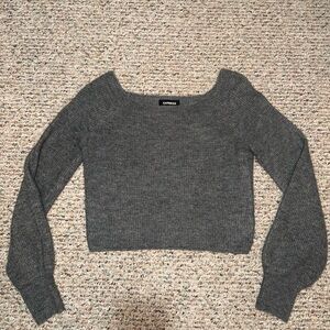 Express Gray Ribbed Cropped Scoop-Neck Sweater